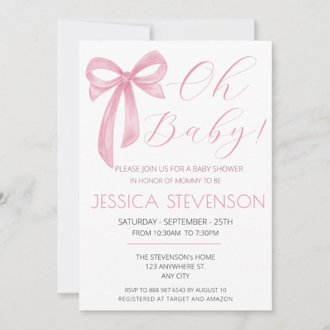 Invitation Baby shower Bow rose Aquarelle rose (Devant)