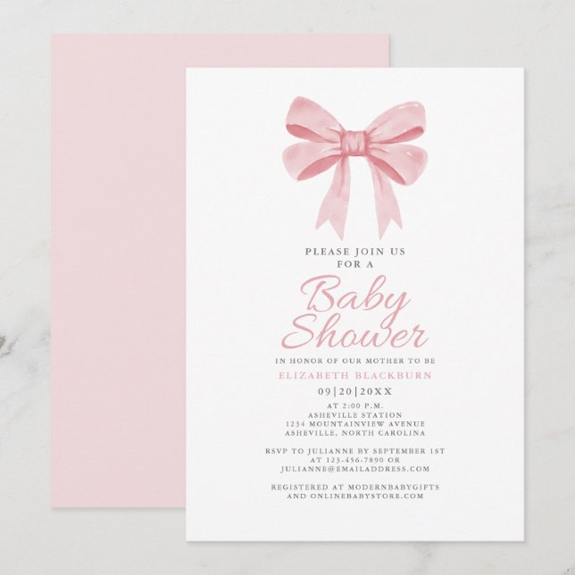Invitation Baby shower Bow rose Girly Coquette élégante Paste (Devant / Derrière)