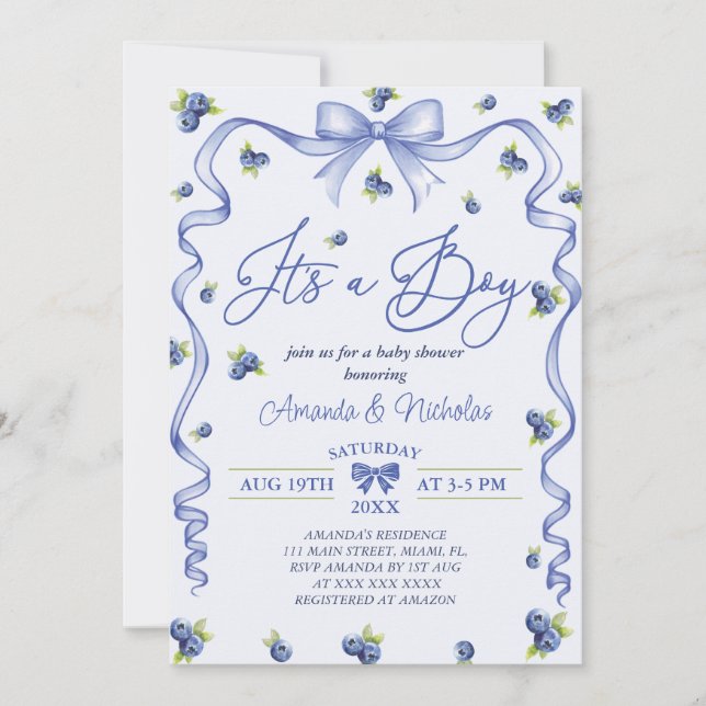 Invitation Baby shower Boy Blue Blueberry (Devant)