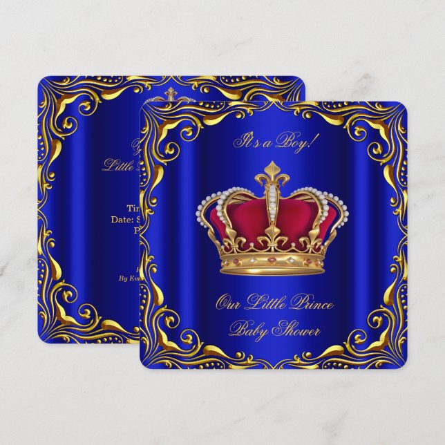 Invitation Baby shower Boy Little Prince Royal Blue Red Gold (Devant / Derrière)