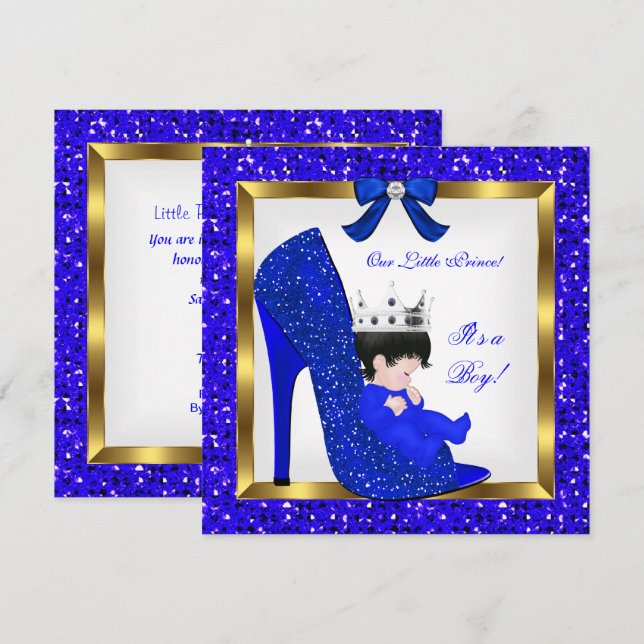 Invitation Baby shower Boy Prince Royal Blue Chaussure (Devant / Derrière)