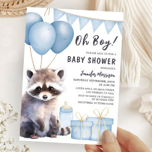 Invitation Baby shower Boy Raccoon Boy Blue Balloons