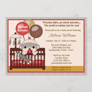 Invitation Baby shower BOY Sock MONKEY Crib SMC-B