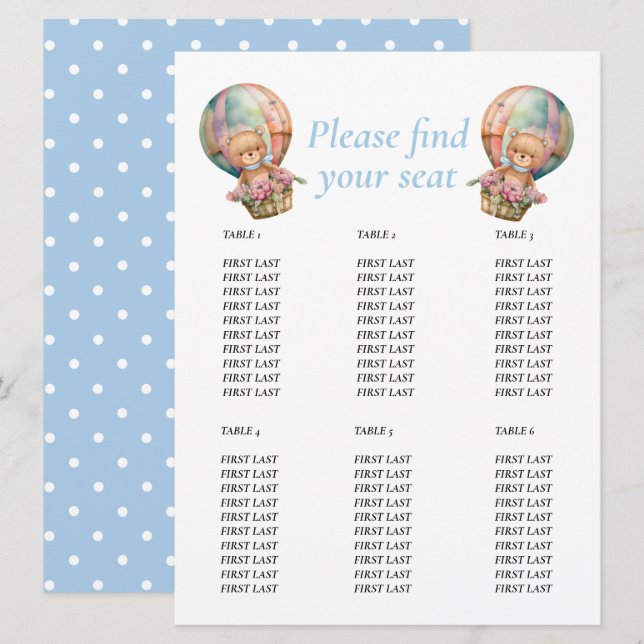 Invitation Baby shower Boy Teddy Floral Balloon bleu (Devant / Derrière)