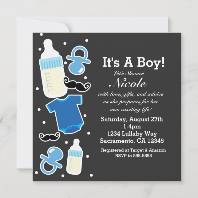 Invitation Baby shower Boy Thèmes Bleu & Gris Moderne (Devant)