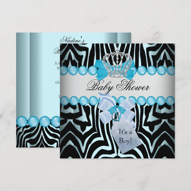 Invitation Baby shower Boy Zebra Blue Prince Crown Black (Devant / Derrière)