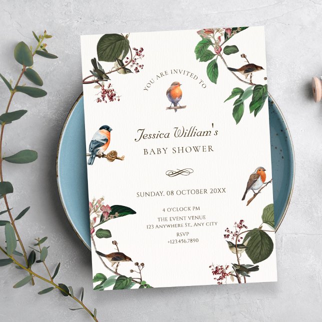Invitation Baby shower Branche Feuilles Oiseau (Créateur téléchargé)