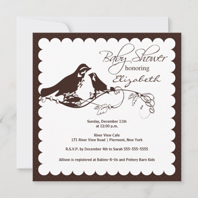 Invitation Baby shower Brown à la mode d'oiseau de maman et (Devant)