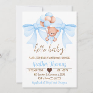 Invitation Baby shower Brown Bear Blue Bow