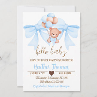 Invitation Baby shower Brown Bear Blue Bow