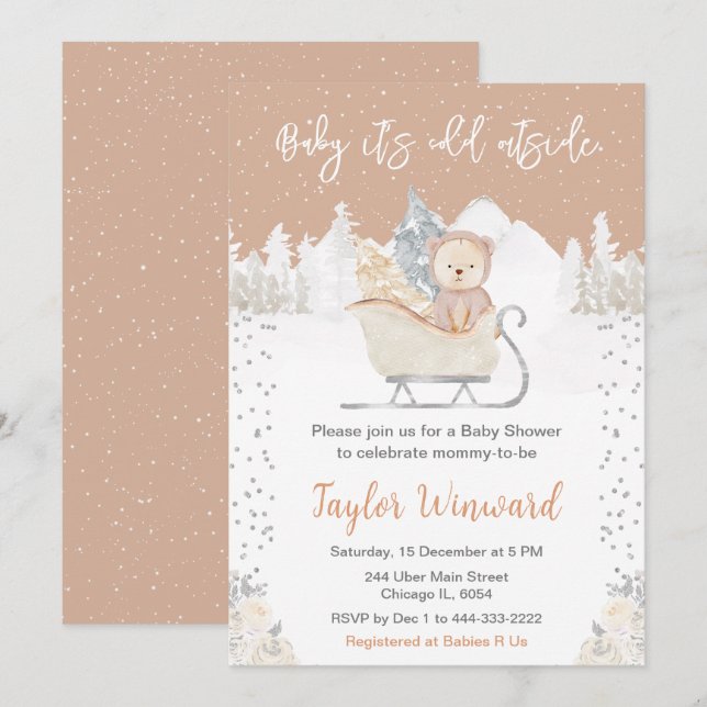 Invitation Baby shower Brown de traîneau de l'ours d'hiver (Devant / Derrière)