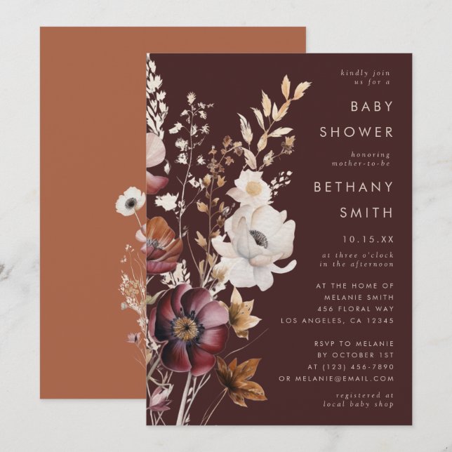 Invitation Baby shower Brown Fleur sauvage Boho Fall (Devant / Derrière)