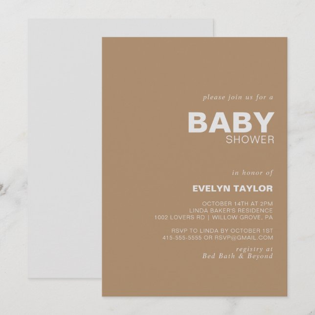 Invitation Baby shower Brown minimaliste élégant (Devant / Derrière)