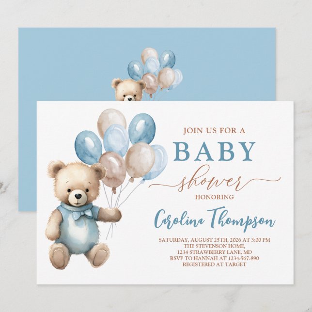 Invitation Baby shower Brown Teddy Bear Boy Blue Pastel (Devant / Derrière)