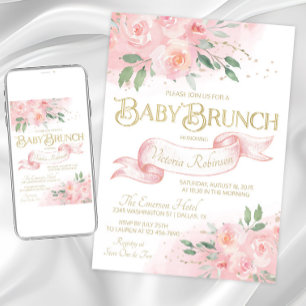 Invitation Baby Shower Brunch Fille Rose Aquarelle Rose