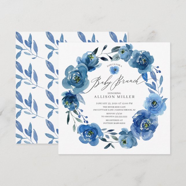 Invitation Baby Shower Brunch Fleurs Bleu Aquarelle (Devant / Derrière)