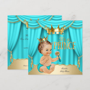Invitation Baby Shower Brunette Prince Couronne Aqua Bleu Or
