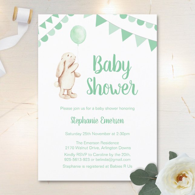 Invitation Baby shower Bunny & Balloon Vert (Créateur téléchargé)