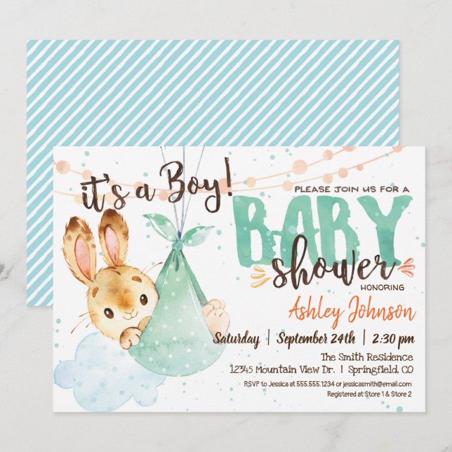 Invitation Baby shower Bunny garçon (Devant / Derrière)