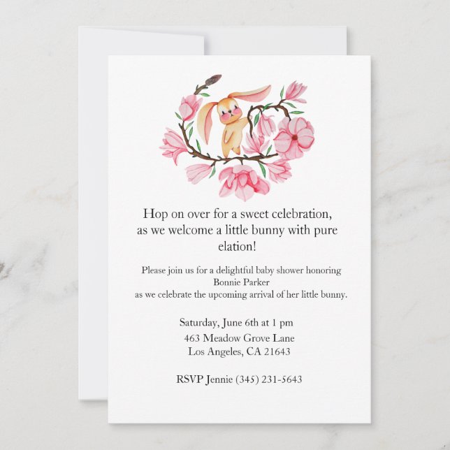 Invitation Baby shower Bunny Magnolia rose (Devant)