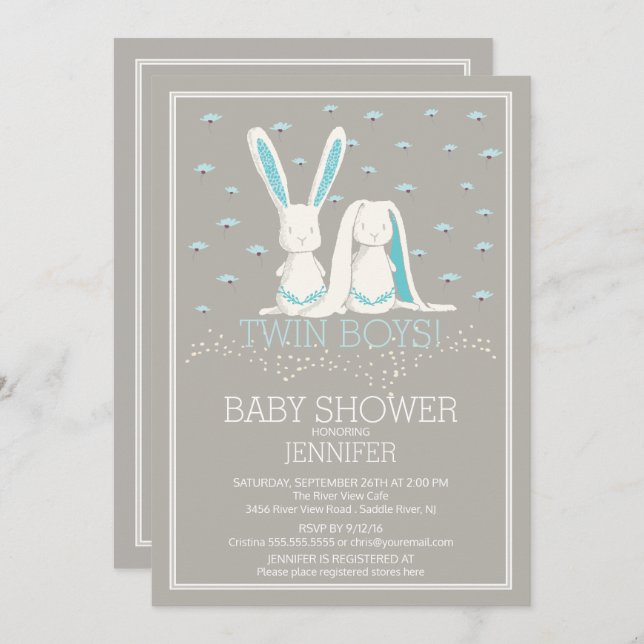 Invitation Baby shower Bunny pour les garçons TWIN Spring uni (Devant / Derrière)