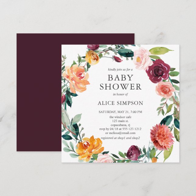 Invitation Baby shower Burgundy Blush Rose Floral Wreath (Devant / Derrière)