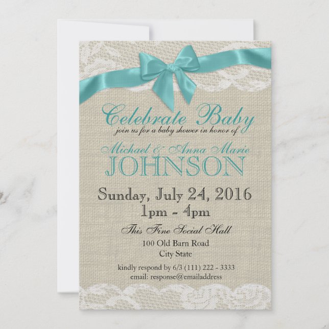 Invitation Baby shower Burlap et dentelle (Devant)