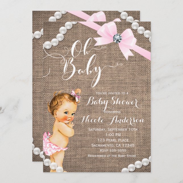 Invitation Baby shower Burlap & Pearls Pink Bow Girls (Devant / Derrière)