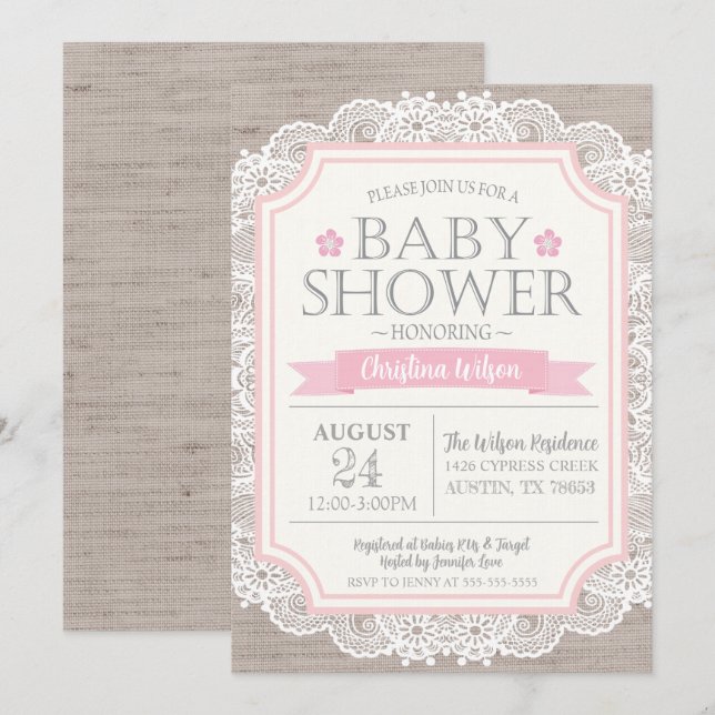 Invitation Baby shower Burlap Rose et dentelle (Devant / Derrière)