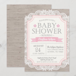 Invitation Baby shower Burlap Rose et dentelle