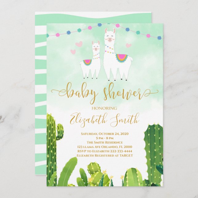 Invitation Baby shower Cactus Llama (Devant / Derrière)