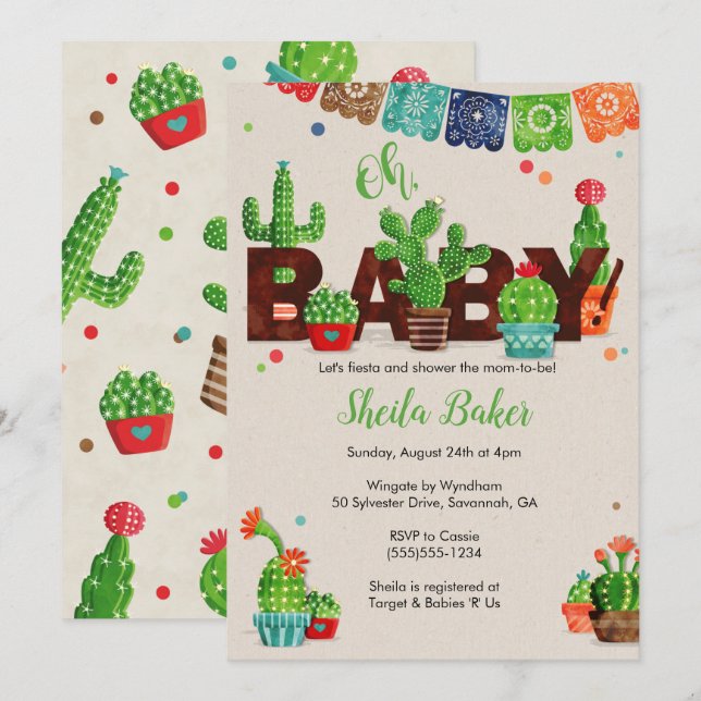 Invitation Baby shower Cactus | Thème Cactus (Devant / Derrière)