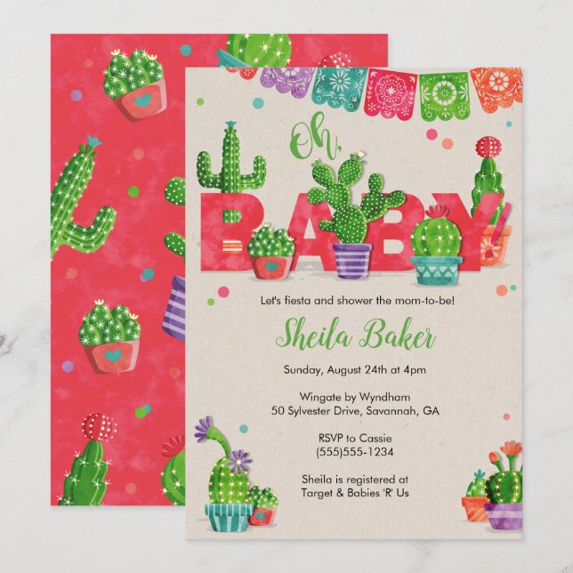 Invitation Baby shower Cactus | Thème Cactus (Devant / Derrière)