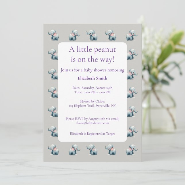 Invitation Baby shower cadeau de nouveau-né pour bébés élépha (Debout devant)