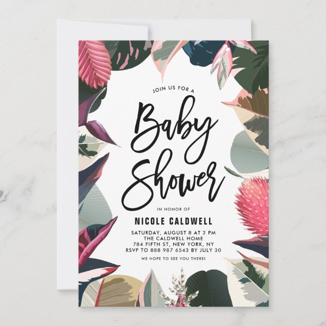 Invitation Baby shower-cadre de plantes tropicales roses (Devant)