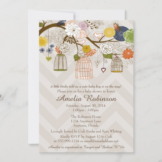 Invitation baby shower, Cages d'oiseaux Arbre coul (Devant)