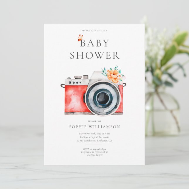 Invitation Baby shower Caméra Vintage français (Debout devant)