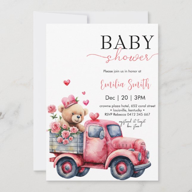 Invitation Baby shower Camion Bear Red Hearts (Devant)