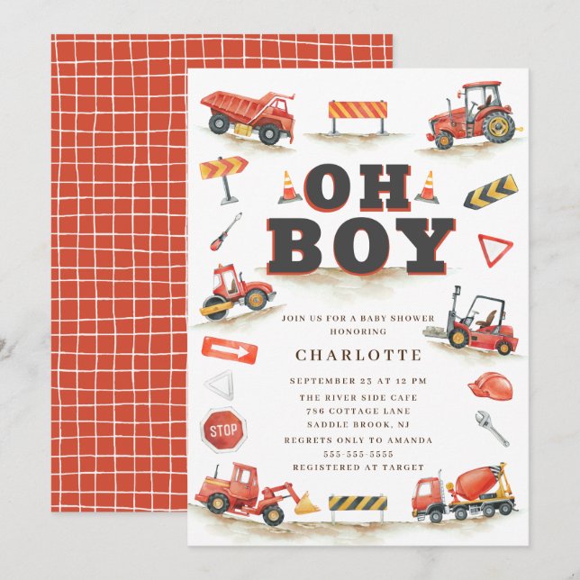 Invitation Baby shower Camion de construction Roug (Devant / Derrière)