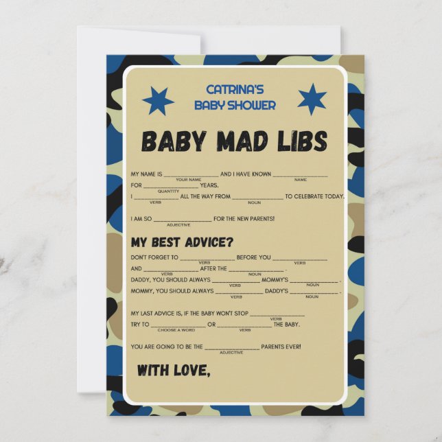 Invitation Baby shower Camo bleu - Nom modifiable, 5x7 (Devant)