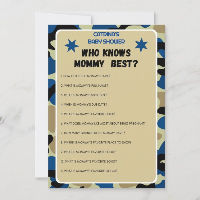 Invitation Baby shower Camo bleu - Nom modifiable, 5x7 (Devant)