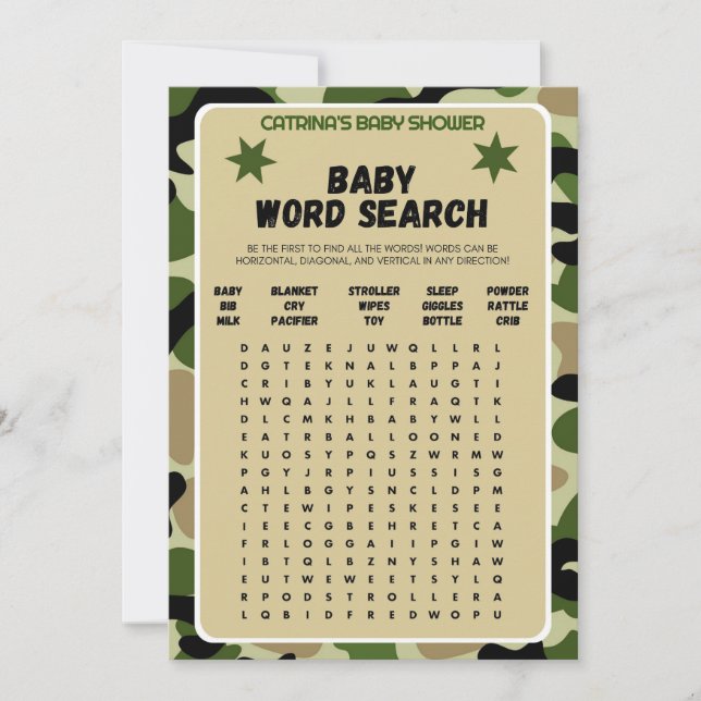 Invitation Baby shower Camo garçon - Nom modifiable, 5x7 (Devant)
