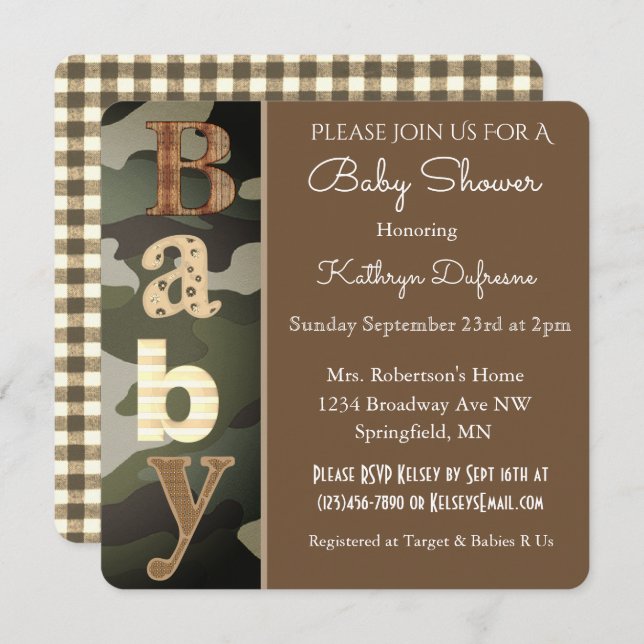 Invitation Baby shower Camouflage (Devant / Derrière)