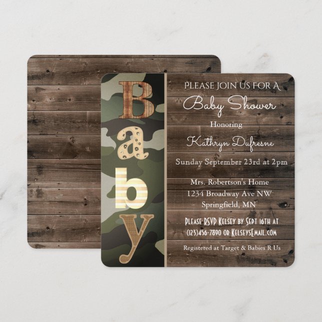 Invitation Baby shower Camouflage rustique (Devant / Derrière)