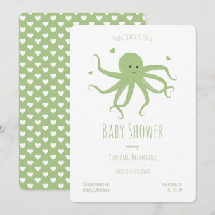Invitation Baby shower caricature Coeurs de poulpe vert