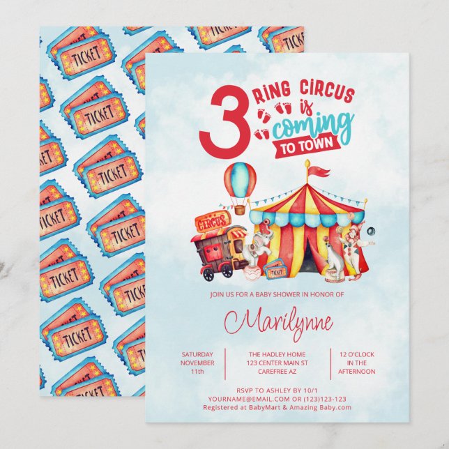Invitation Baby shower Carnaval Circus Triplets (Devant / Derrière)
