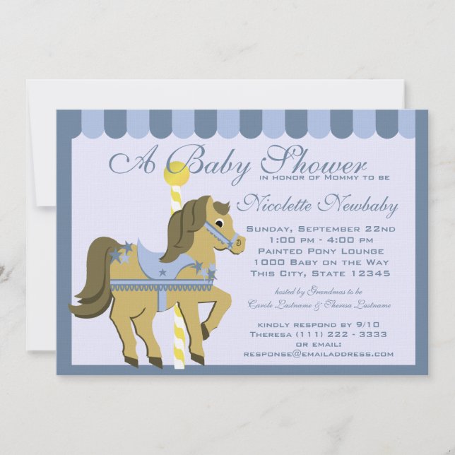 Invitation Baby shower Carousel bleu (Devant)