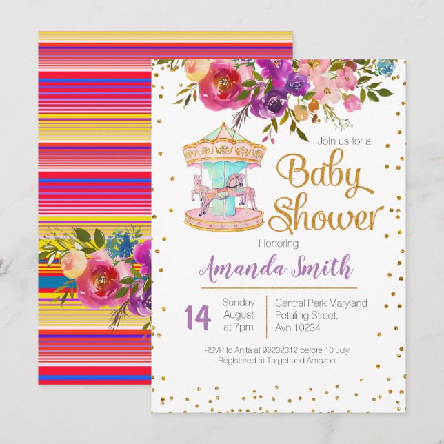 Invitation Baby shower Carousel rose (Devant / Derrière)