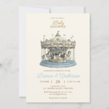 Invitation Baby shower Carousel vintage en bleu