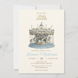 Invitation Baby shower Carousel vintage en bleu